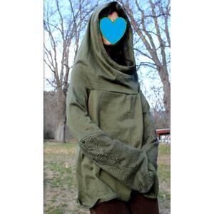 Mishu- Green Elven Festival Cowl Neck Hoodie- 100% Wool